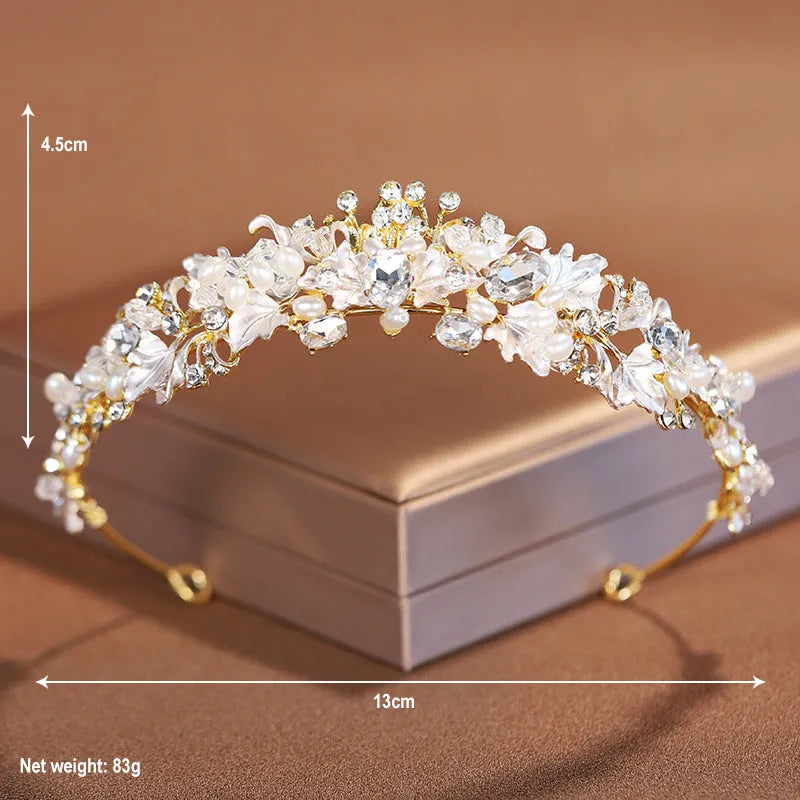 Gold and silver pearl crown headdress for women with alloy electroplated finish