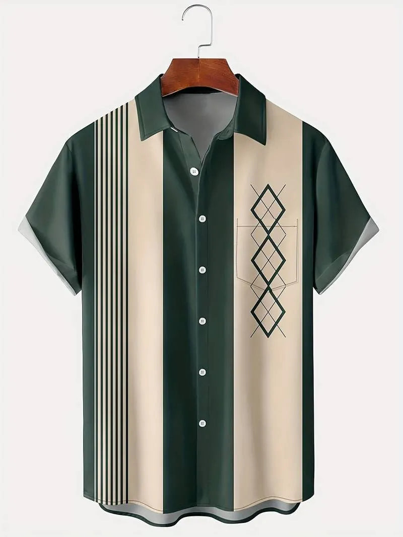 Man wearing a loose-fit plaid short-sleeved cardigan shirt with a lapel collar.