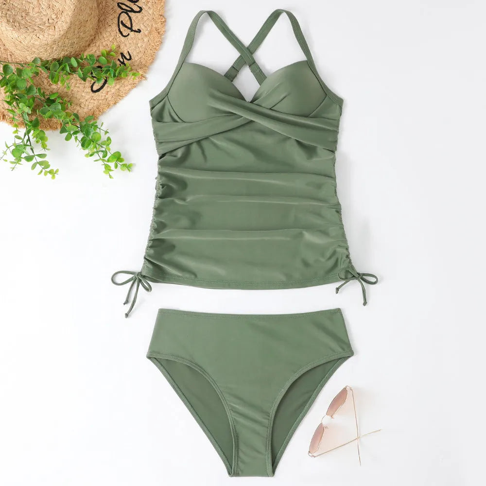 Women's slim fit nylon bikini set in black, army green, leopard print or green leaves patterns