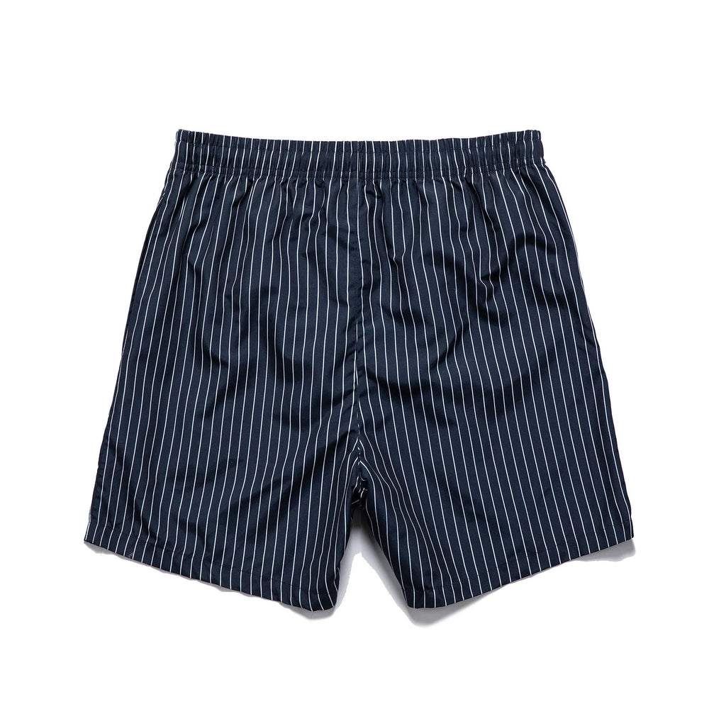 Men's striped beach shorts in polyester blend fabric, showing straight leg opening and available colour options.