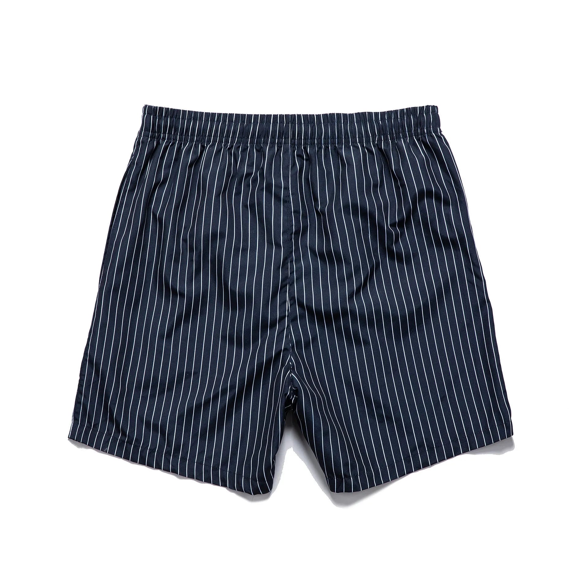 Men's striped beach shorts in polyester blend fabric, showing straight leg opening and available colour options.