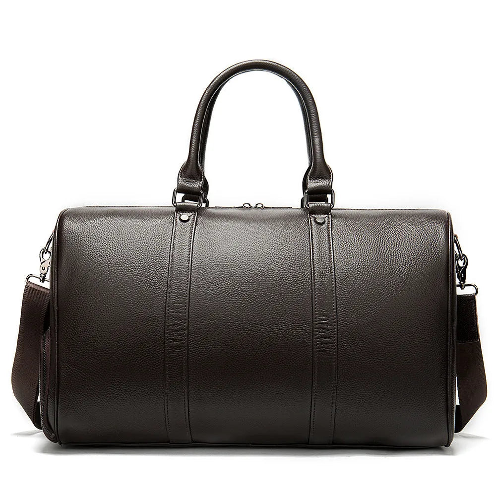 Men's black and coffee brown cowhide leather tote bag showing 44cm and 55cm size options.
