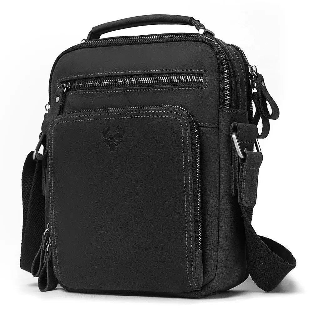 Men's vintage style leather crossbody bag in brown with visible stitching details