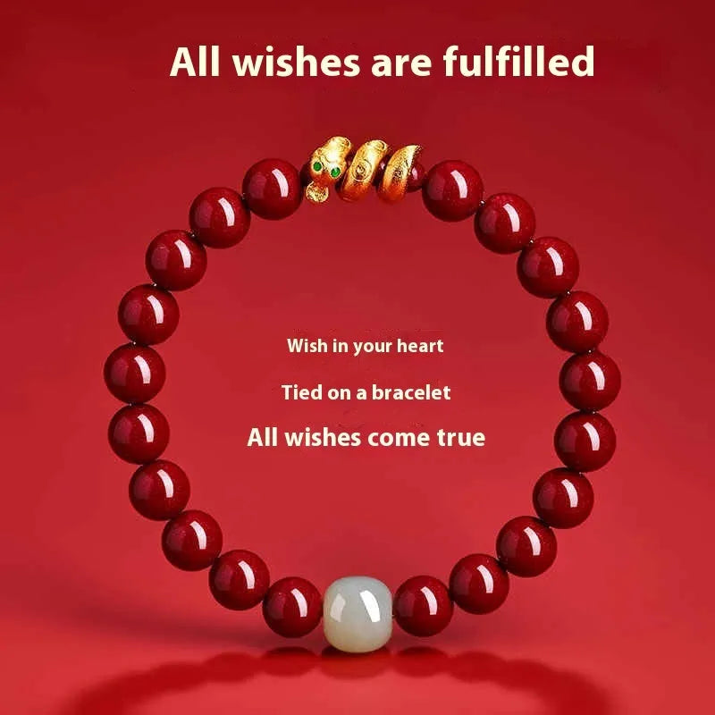 Handmade cinnabar snake zodiac bracelet in traditional Chinese style with purple gold sand beads