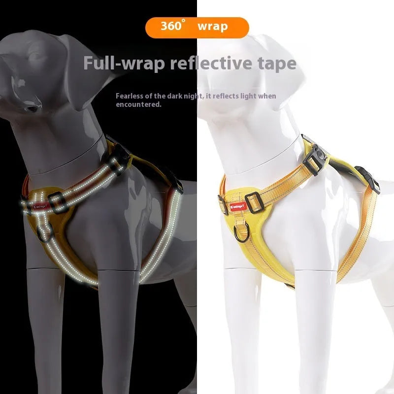 Adjustable polyester dog chest harness and lead in one of six colours: black, yellow, red, orange, pink, or Lake Blue.