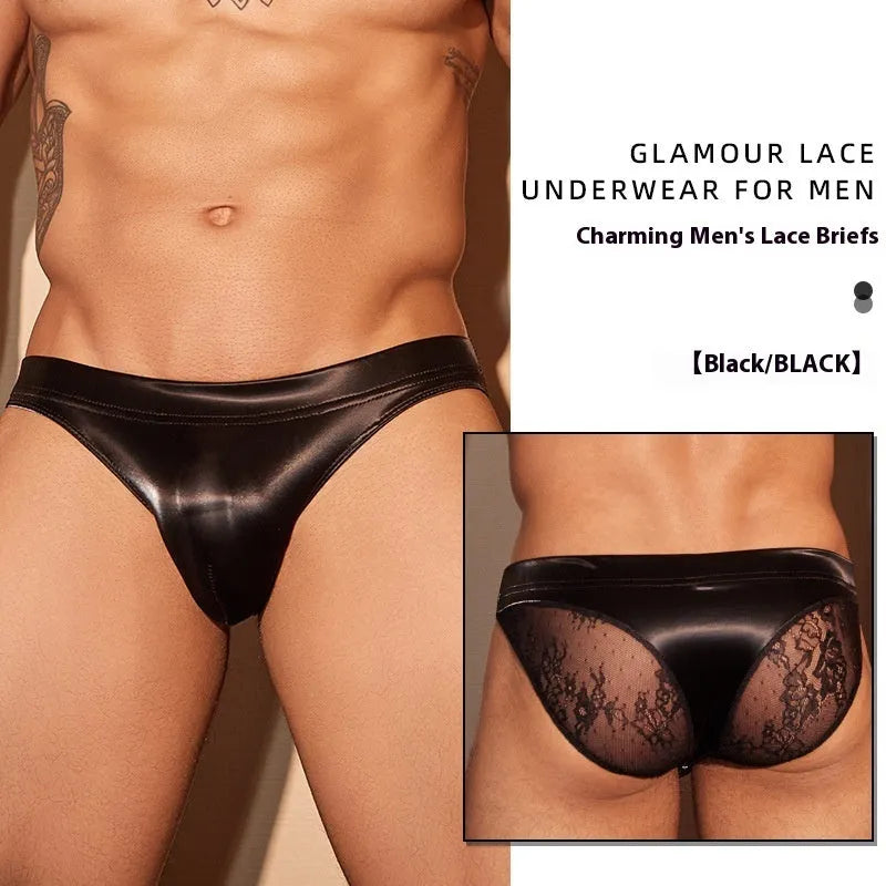 Men's black shark skin lace briefs with European and American fit design