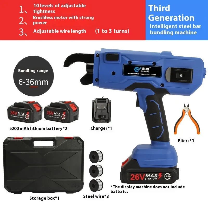 Electric steel bar tying machine with battery and toolbox for construction rebar binding
