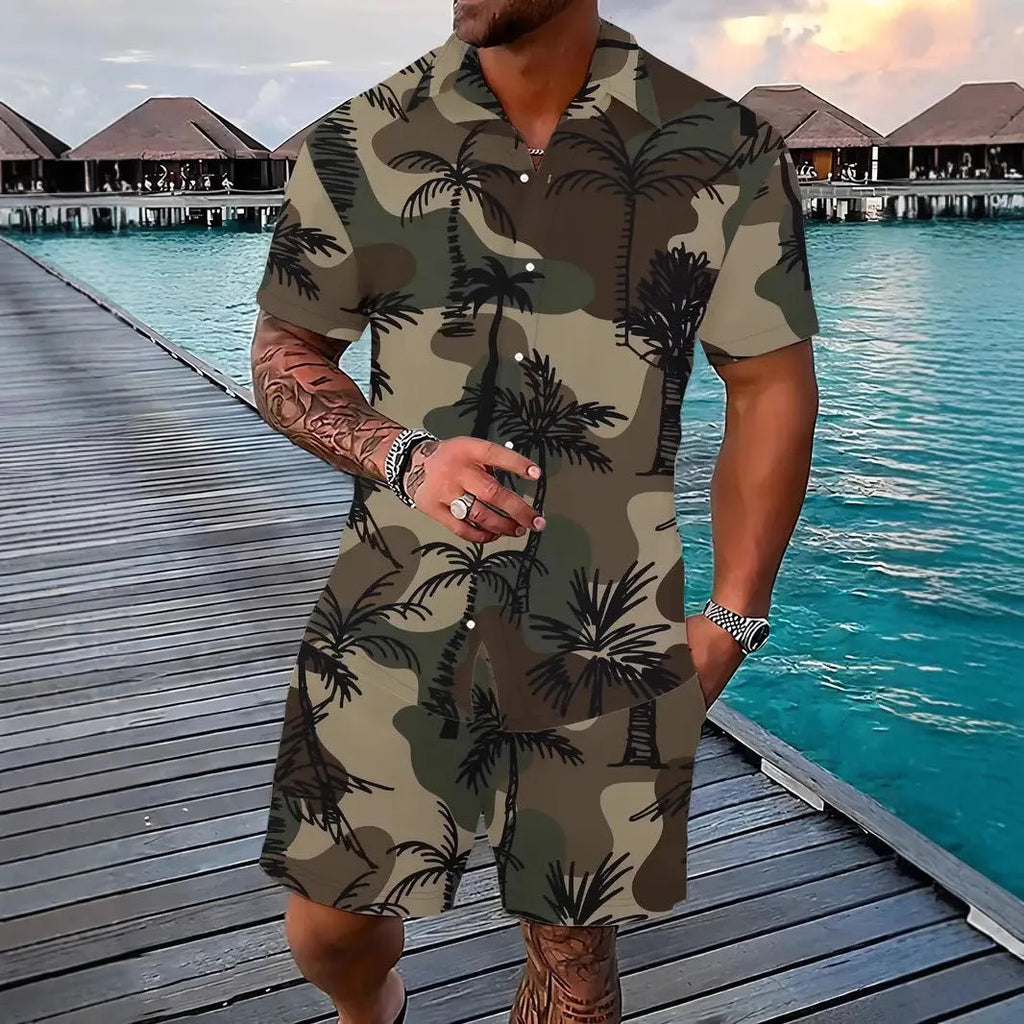 Man wearing a men's Hawaii-themed 3D printed short sleeve suit with matching shorts.