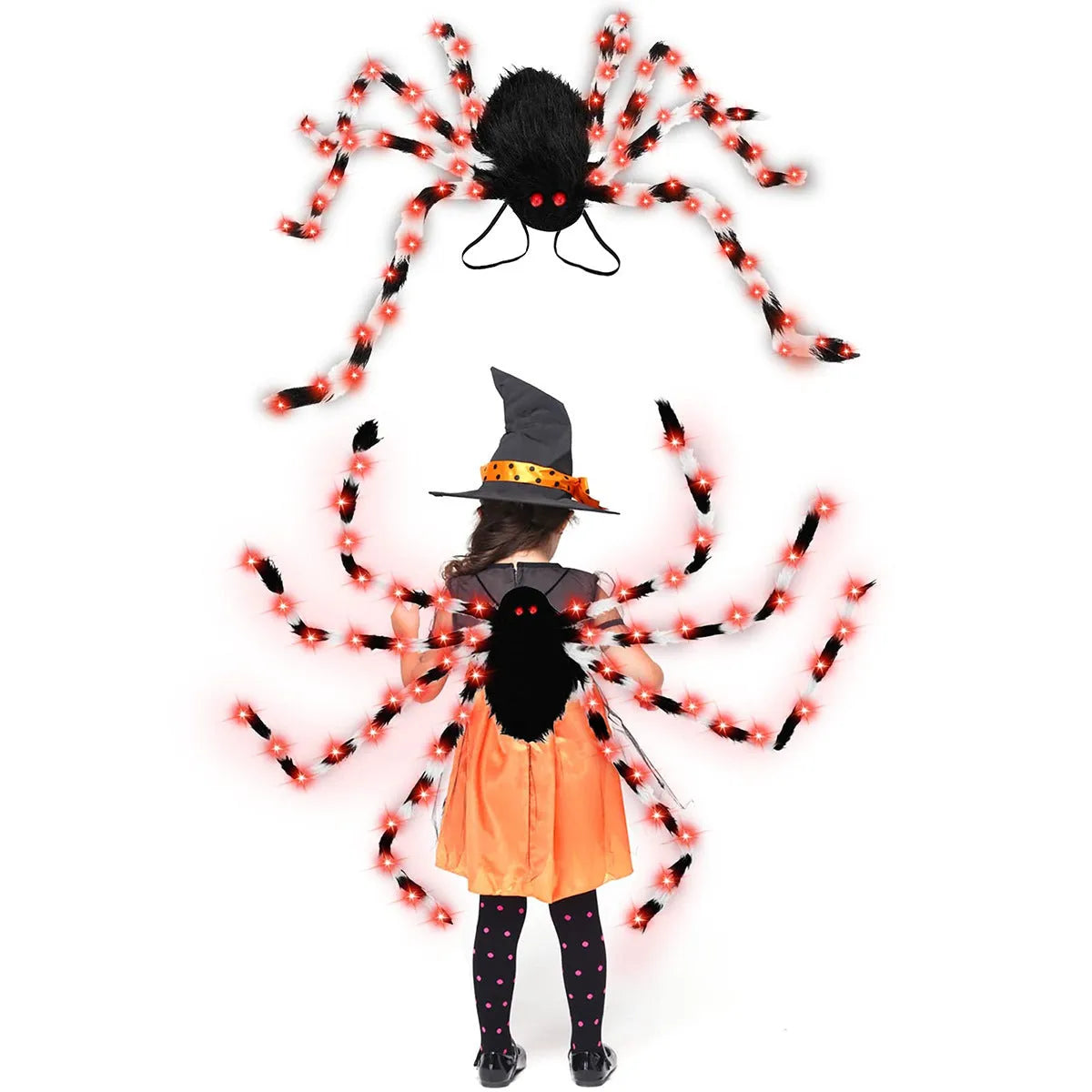 Halloween plush spider backpack with purple LED lights in one of five colour options.