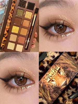 Explorer twelve-colour animal eye shadow palette open, showing pressed powder shades including cat, golden tiger and red fox.