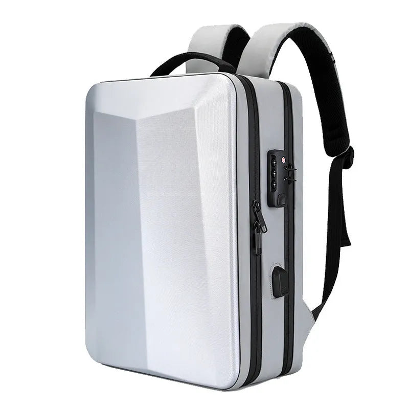 Waterproof business backpack in black colour showing curved shoulder straps and professional design