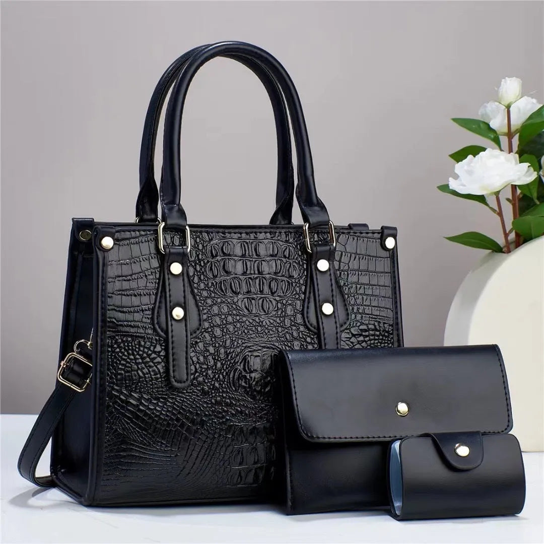 PU leather three-piece organiser set with crossbody bag, wallet, and card holder in contrasting colours
