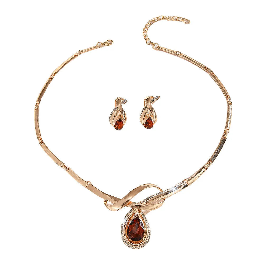Gold Inlaid White Rhinestone Brown Crystal Necklace and Earrings Suite for Women V-Shaped Alloy Pendant with Fishtail and Fan-Shaped Elements Exaggerated Style