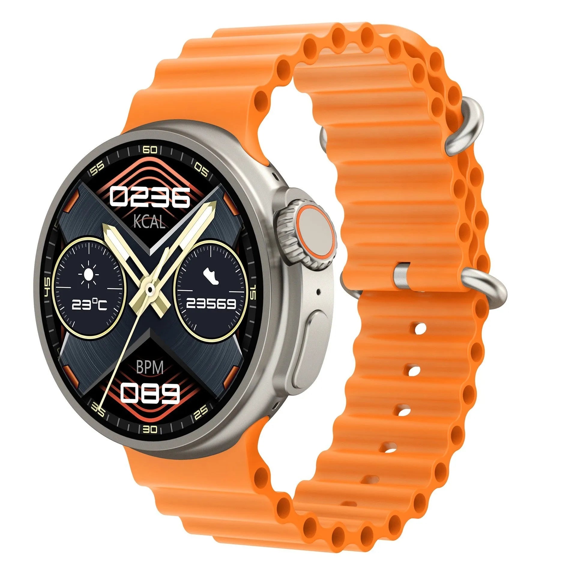 K9 smart watch with black silicone strap and round screen showing health metrics interface