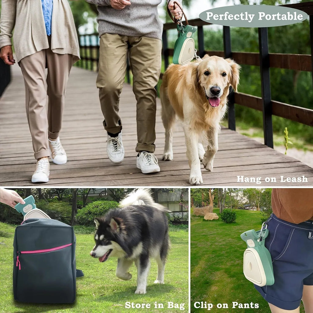 Blue portable dog pooper scooper with clip, bag dispenser, and unfolded waste container.