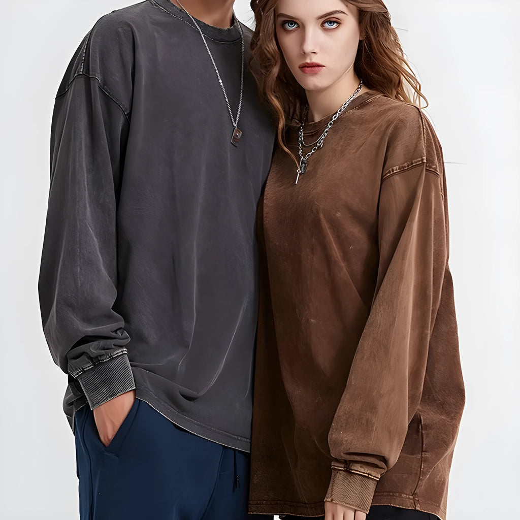 Men's vintage washed batik cotton long sleeve loose pullover tee shirt