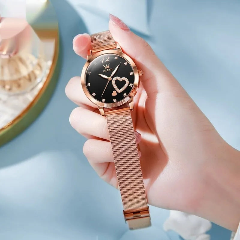 Women's fashion watch with mesh strap and rose shell case in six dial colour options