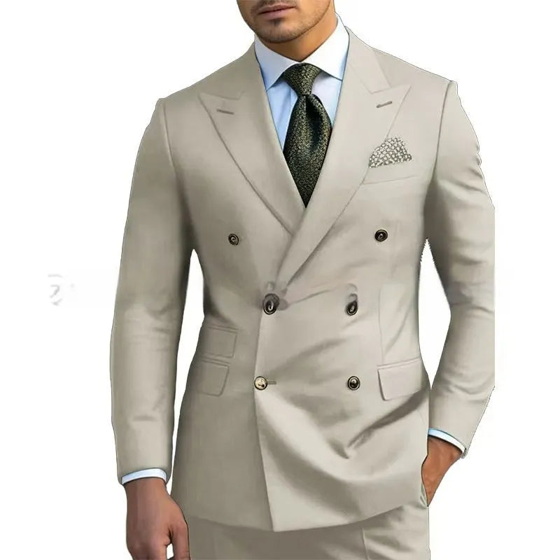 Men's two piece light business suit set in cotton blend fabric available in brown navy and gray sizes XXS to 7XL