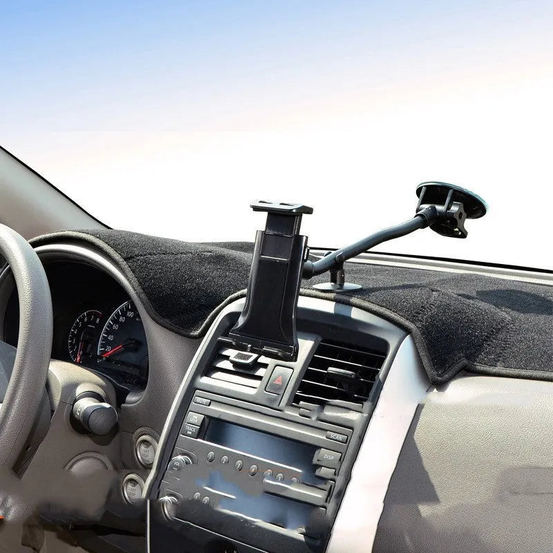 Black vehicle tablet holder with adjustable lifting bracket and suction cup mount for 4-12 inch devices