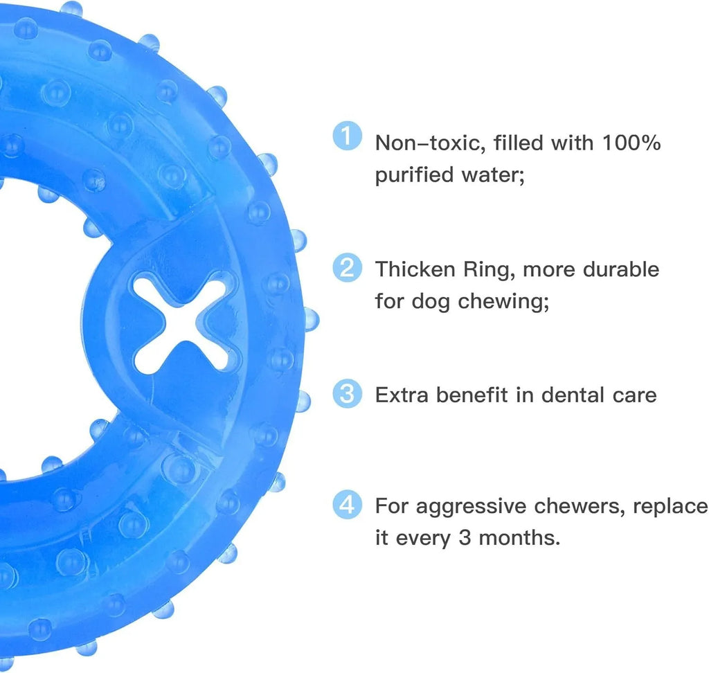 Freezable dog chew toy in bones shape with hollow centre for treats, shown next to a circles-shaped version.