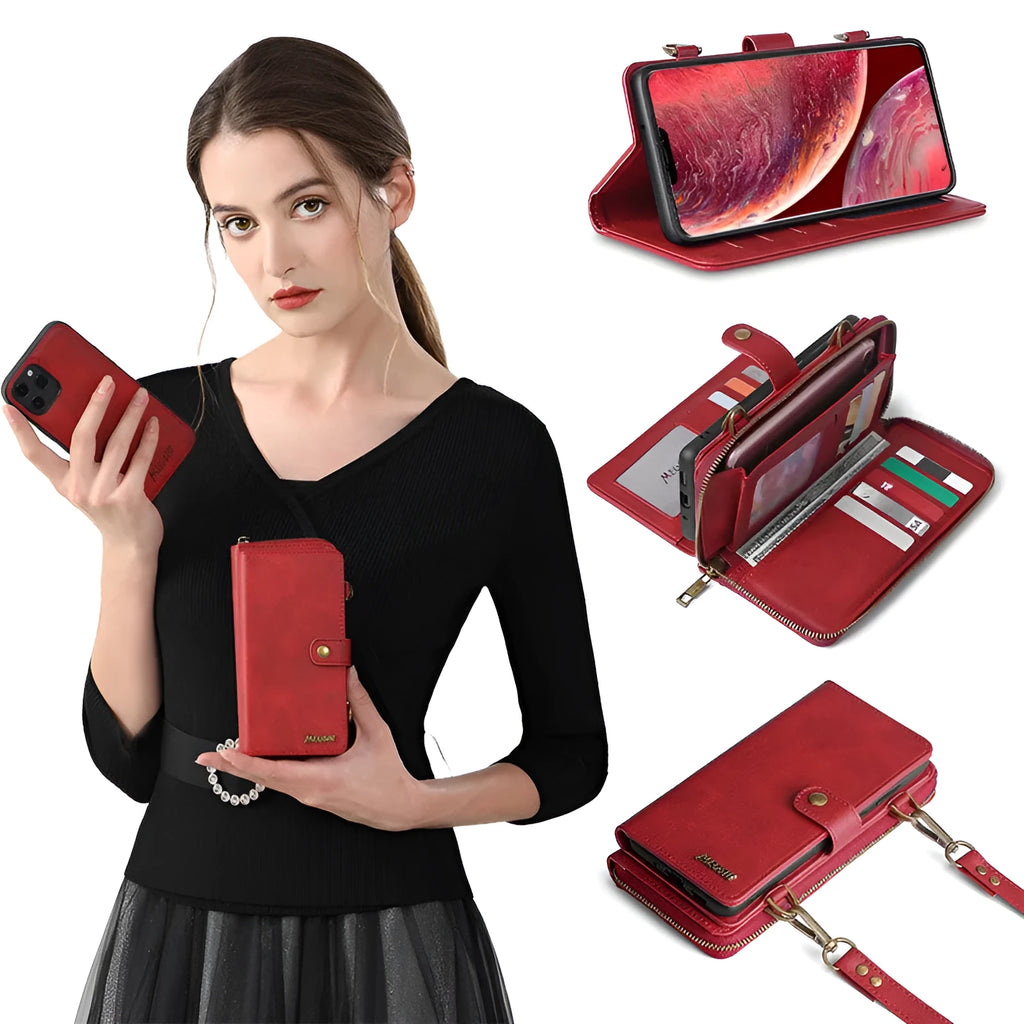 Black detachable magnetic wallet phone case shown open, compatible with Samsung and Apple phones.