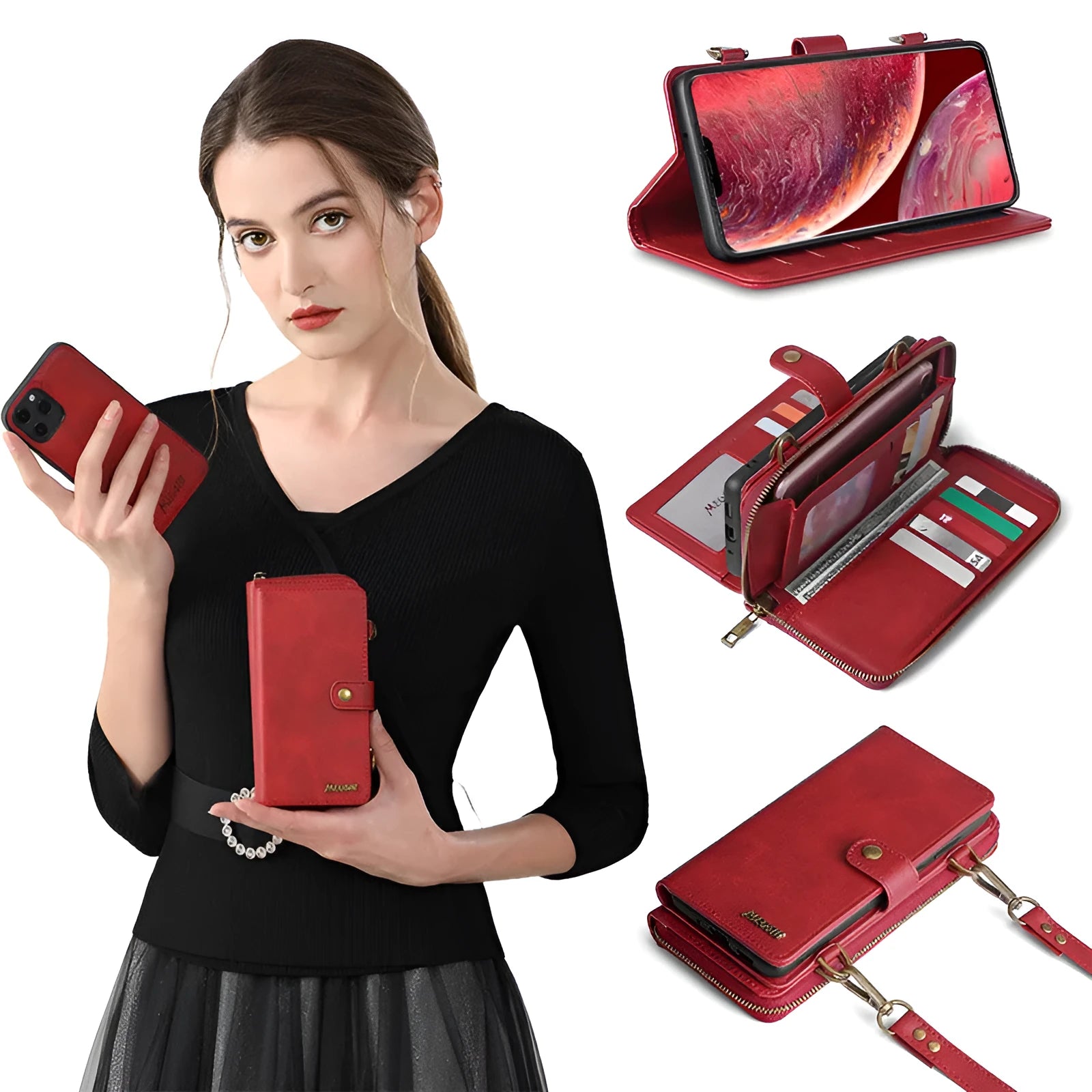 Black detachable magnetic wallet phone case shown open, compatible with Samsung and Apple phones.