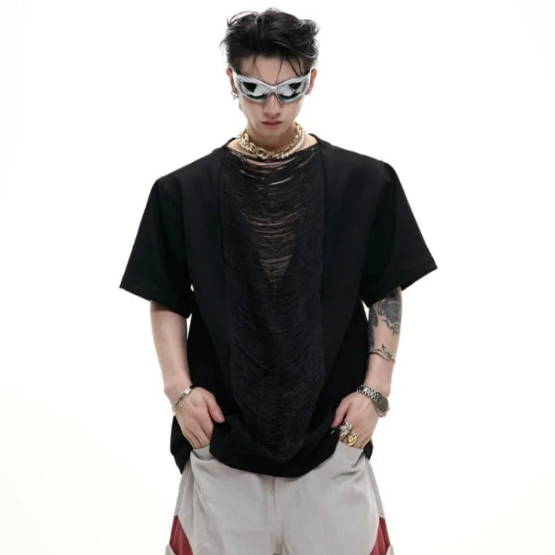 Men's drum black hollow out V-neck t-shirt with short sleeves and tassel detailing