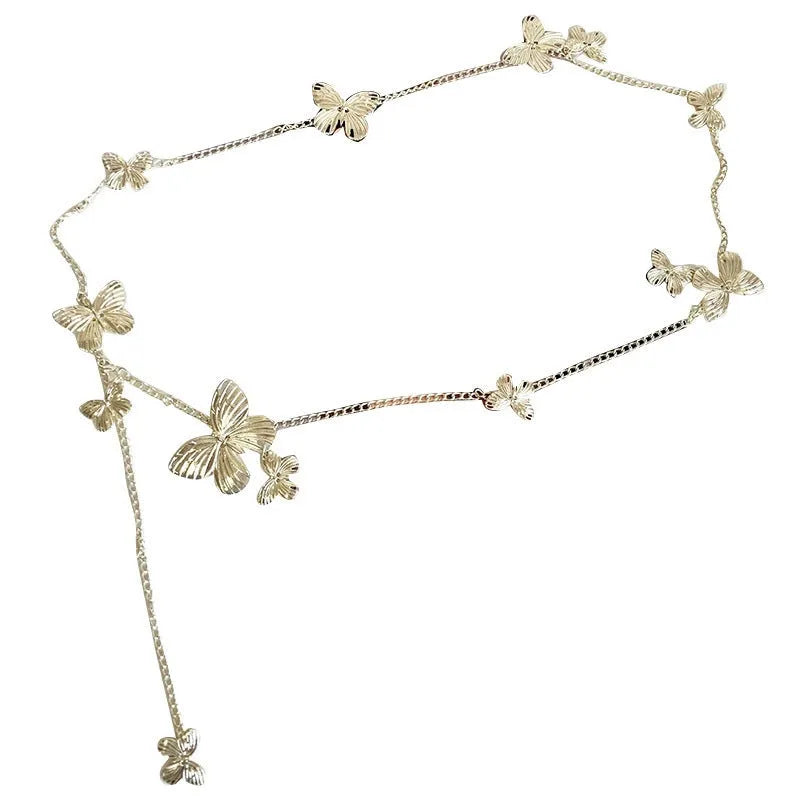 Women's gold butterfly waist chain alloy accessory with 104cm length on model