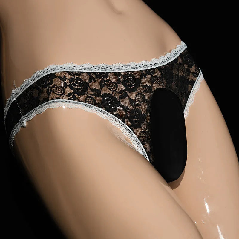 Men's lace underwear with vertical pouch design in low waist style
