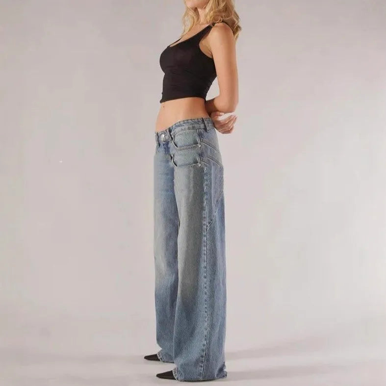 Women's blue cotton loose straight wide leg mop trousers with low-waist stitching design laid flat