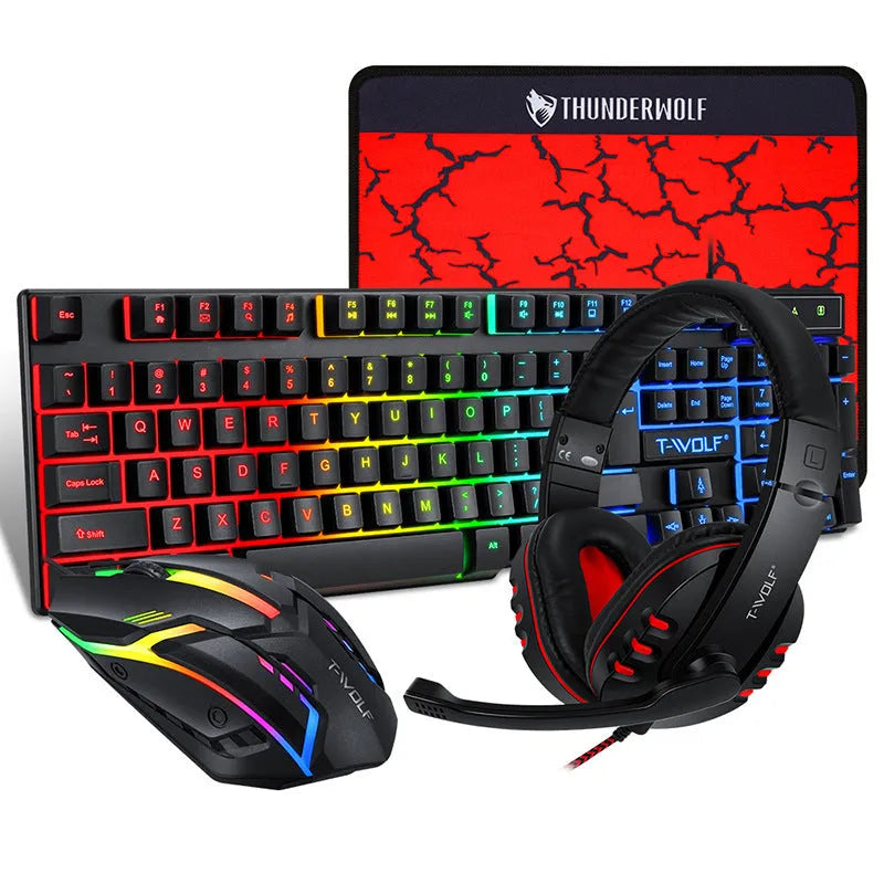 Thunder Wolf T800 wired gaming keyboard, mouse, headset, and mouse pad four-piece set for PC