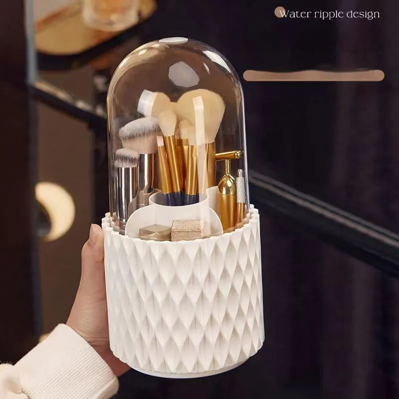 White acrylic rotating makeup brush storage box with transparent dust cover open