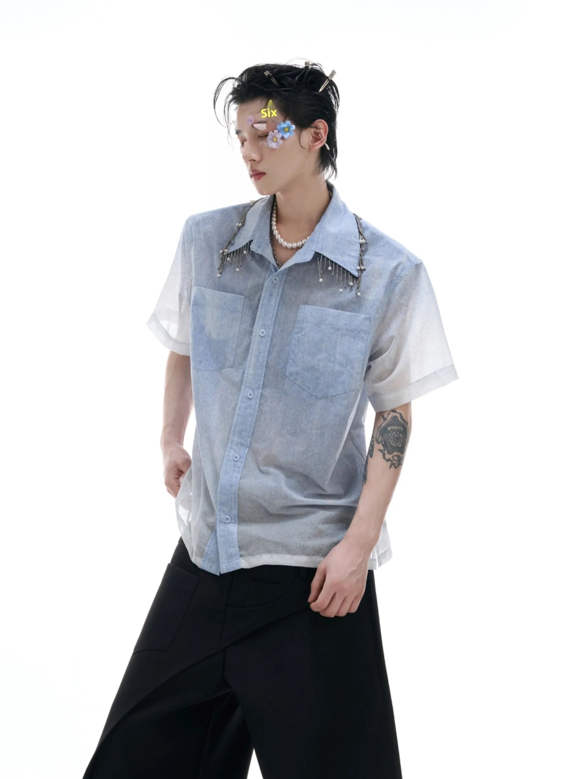 Blue to white gradient men's short-sleeved loose fit polyester shirt