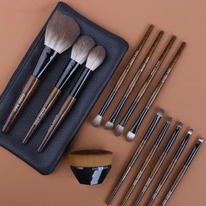 12 makeup brushes with wooden handles in a grey PU storage case, including powder foundation brush