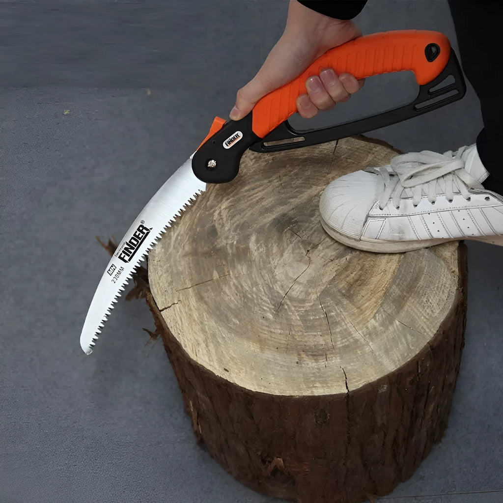 A folded and open 230mm garden trunk saw with a TPR grip and 65MN steel blade.