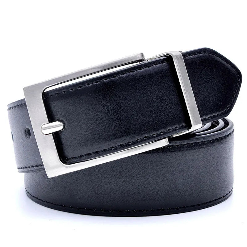 Men's brown and black genuine leather belt with rotating alloy pin buckle showing length measurement