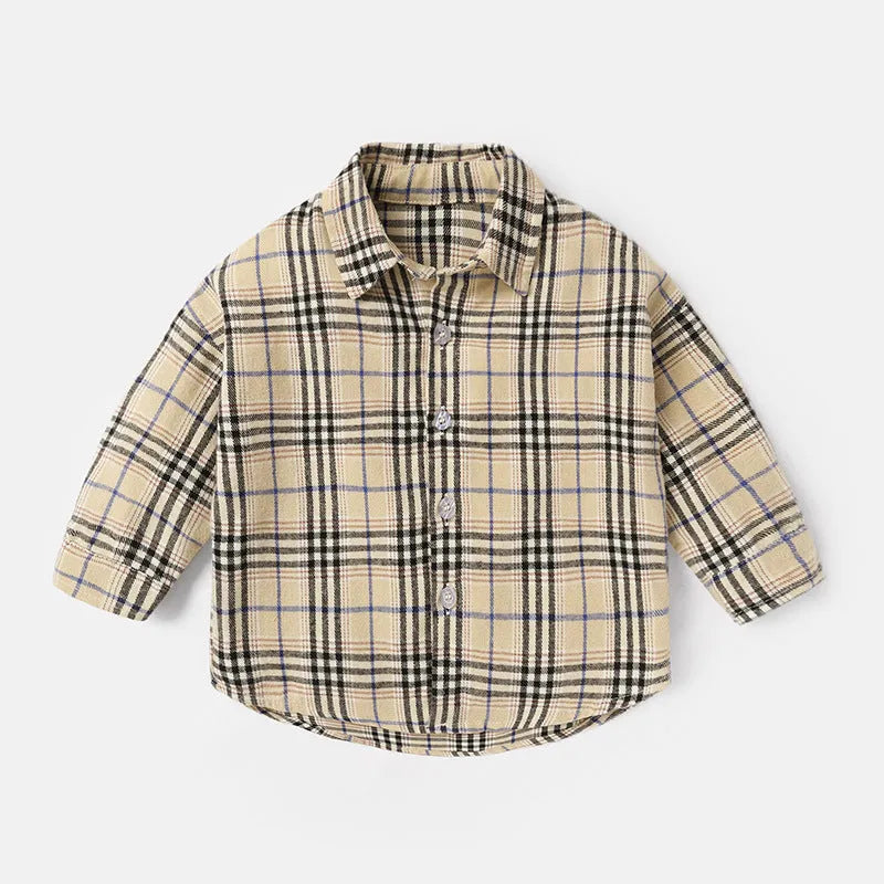 Boy's cotton lattice shirt with animal cartoon pattern in khaki, blue, pink, or yellow