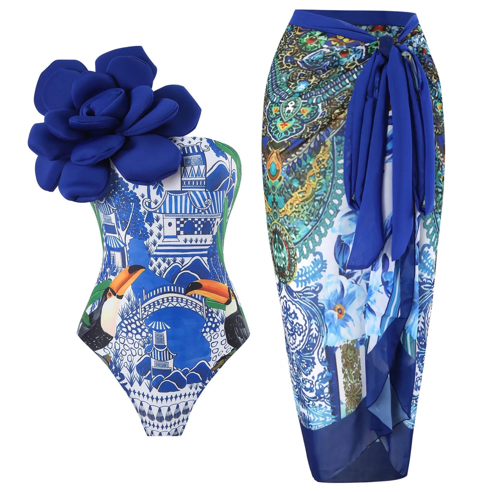 Long sleeve one-piece swimsuit jumpsuit with gauze cover-up skirt in blue colour