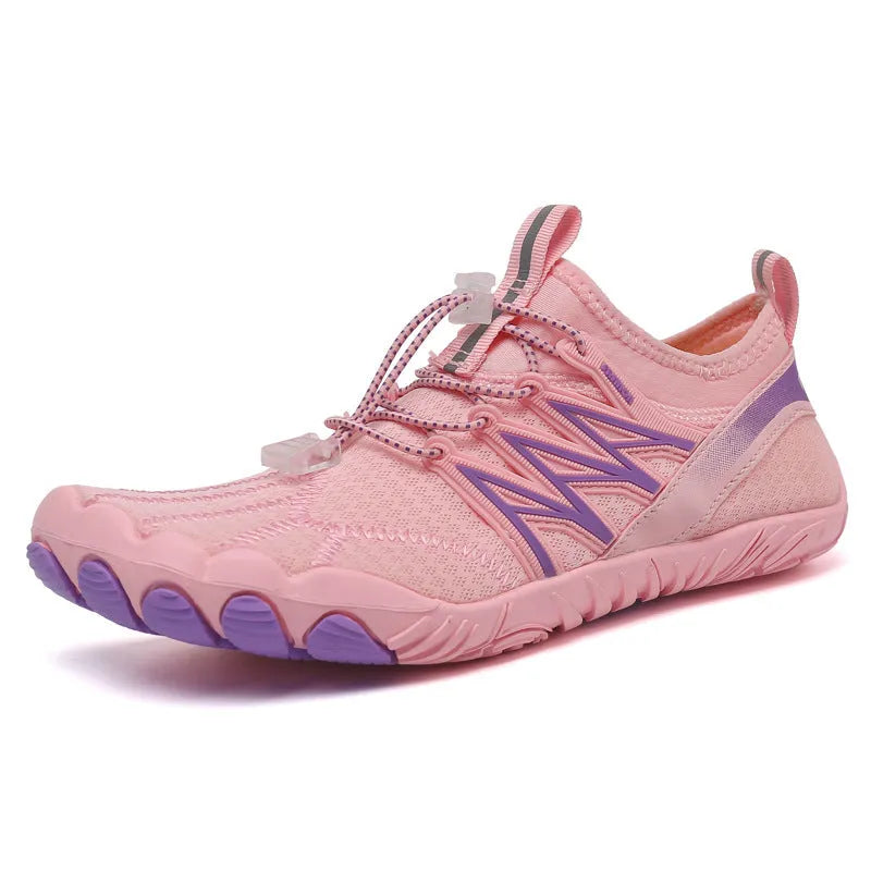 Lightweight indoor fitness training sneakers with low-top design and striped pattern.