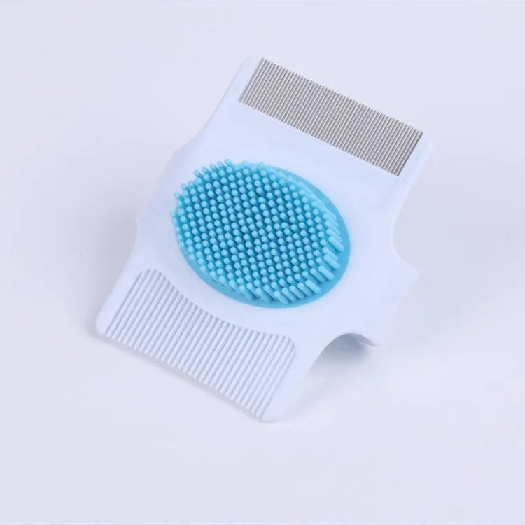 Blue and green multifunctional pet comb grooming tool with hair removal, massage, and flea removal functions