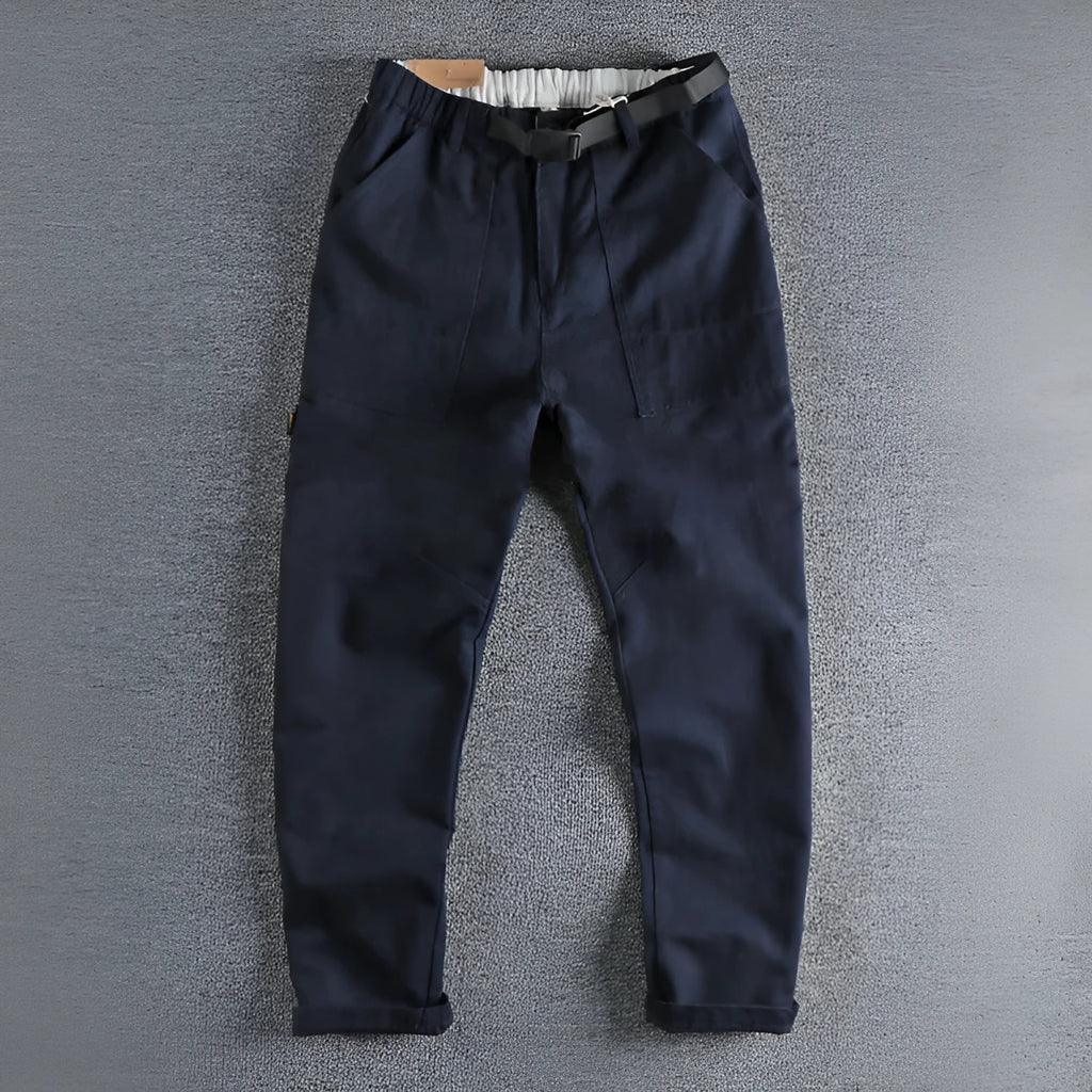 Men's cotton workwear casual pants in khaki and dark blue with three-dimensional cutting and mid waist zipper fly design