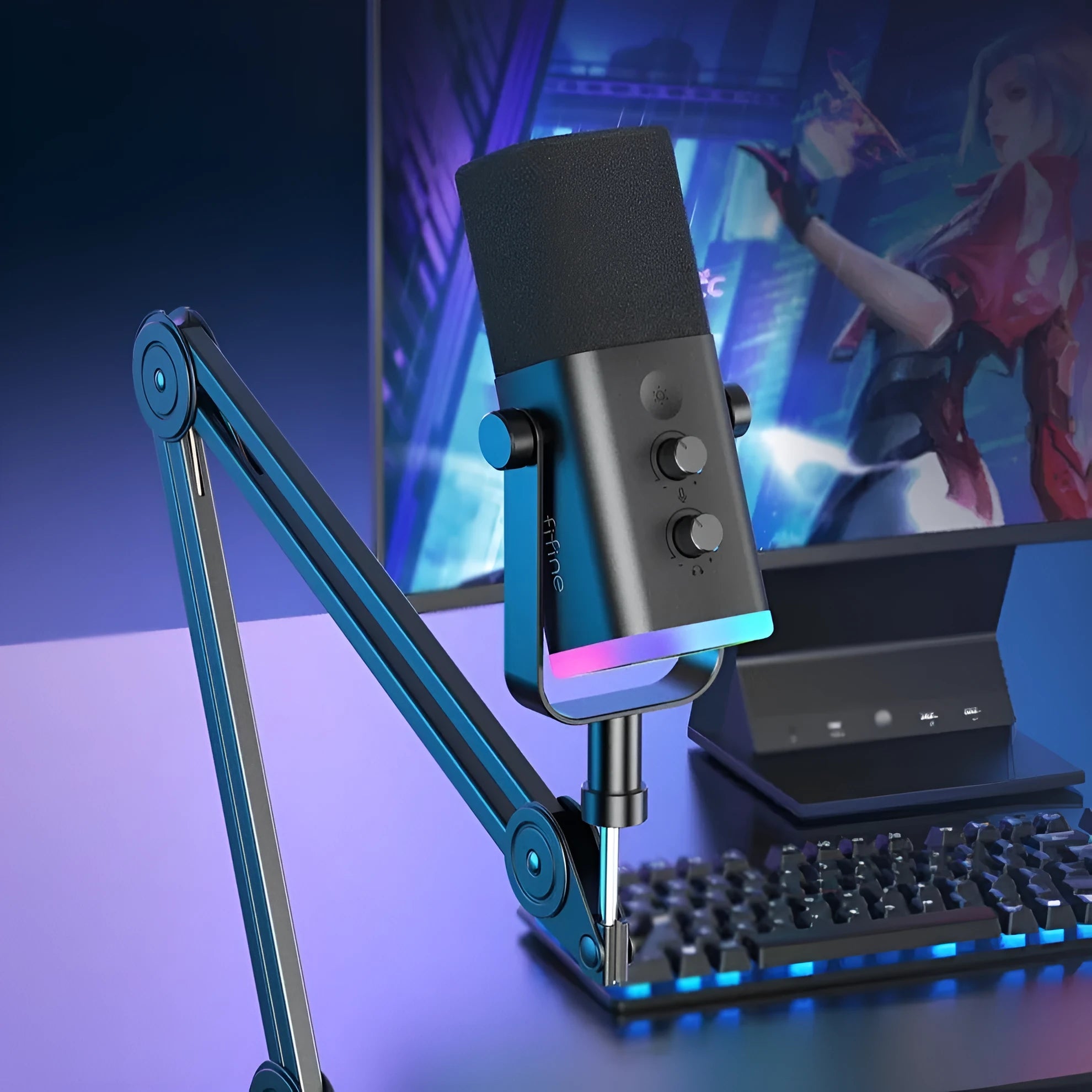 Black condenser microphone with pop filter on a desktop stand, with XLR and data cables.