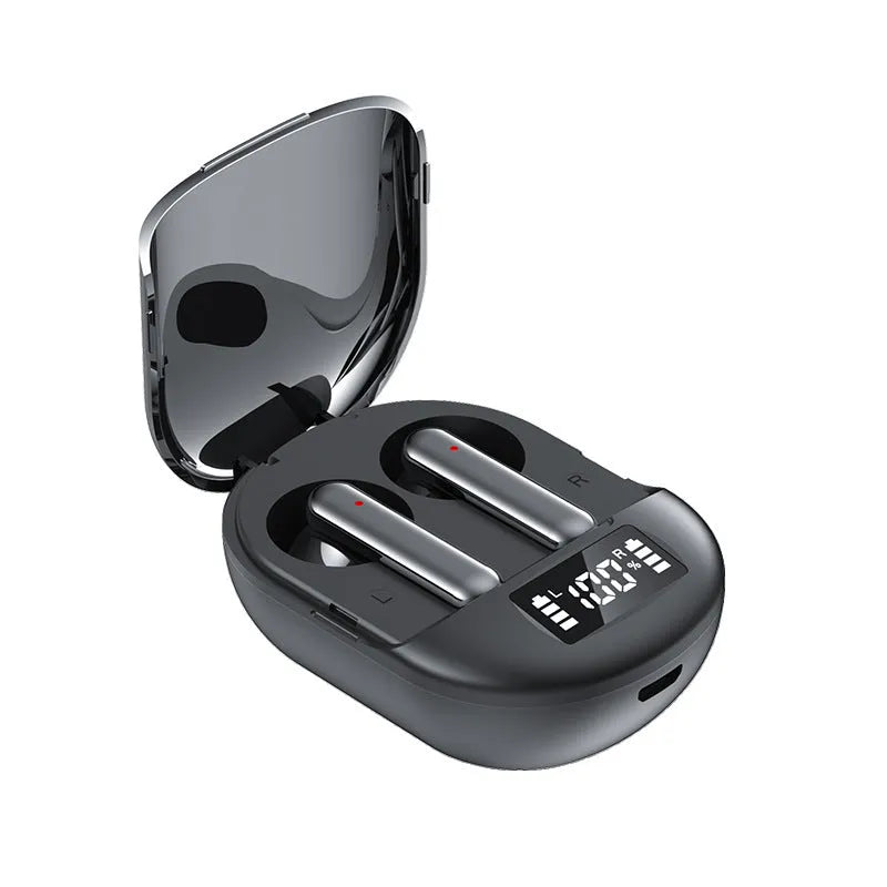 Black and white wireless Bluetooth in-ear headphones with a digital display, shown next to their charging case.