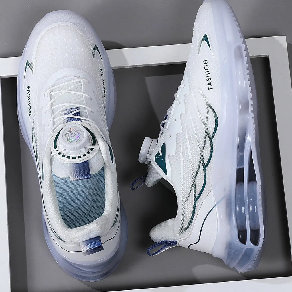 White mesh casual trainers with rotating button lacing system and rubber sole