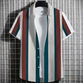 Men's striped linen short sleeve T-shirt with 3D printing, shown in multiple colour options.