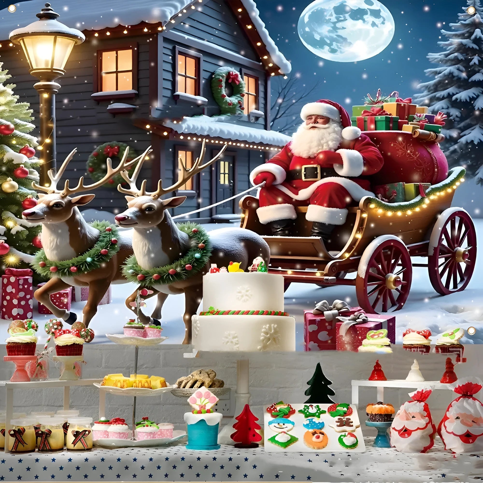 Christmas banner showing Santa Claus with gifts at night on 210x150 cm polyester fabric