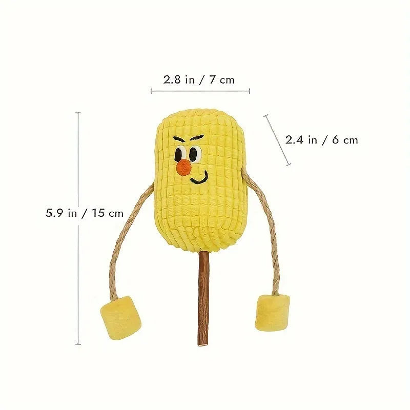 A corn cob shaped chew toy for cats made from polished beech wood, shown next to a tape measure indicating its 15cm length.