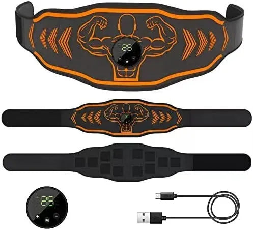 Blue and orange EMS smart massage belt with host unit, main belt, and arm stickers