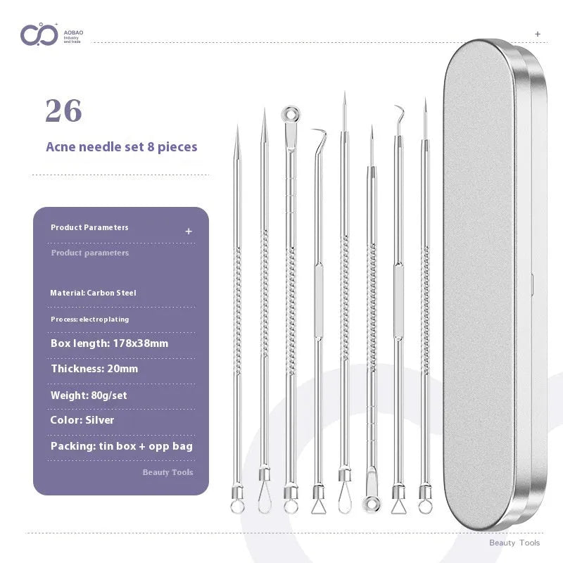 Four metal acne needles with pointed tips arranged on a clean surface.