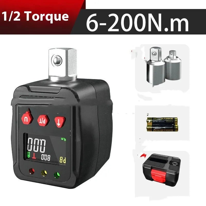 1/2 inch drive digital torque meter with display, part of a three-piece metal set for wrench calibration.